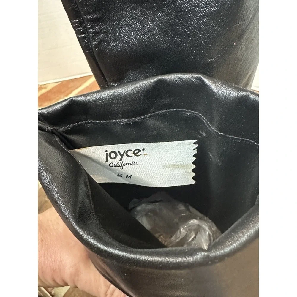 Vintage 80s Joyce Black Leather Boots Mid-Heel Fold Over Knee High Women's 6